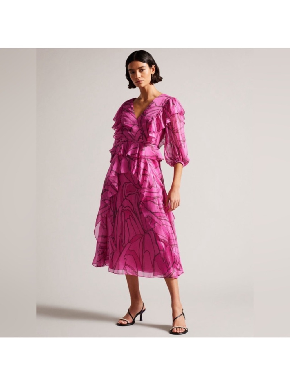 ‼️NEW Ted Baker Victoir Abstract Print Ruffle Detail Pink Midi Dress
